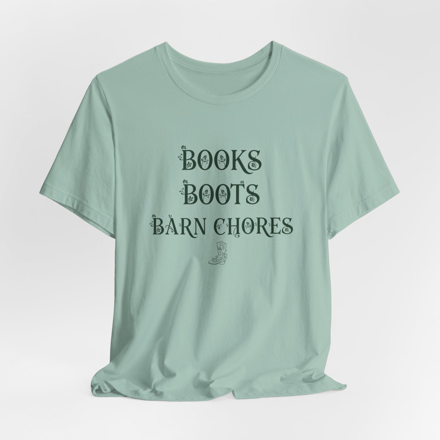 Books Boots Barn Chores Tee — Rustic Farm Life Graphic Shirt