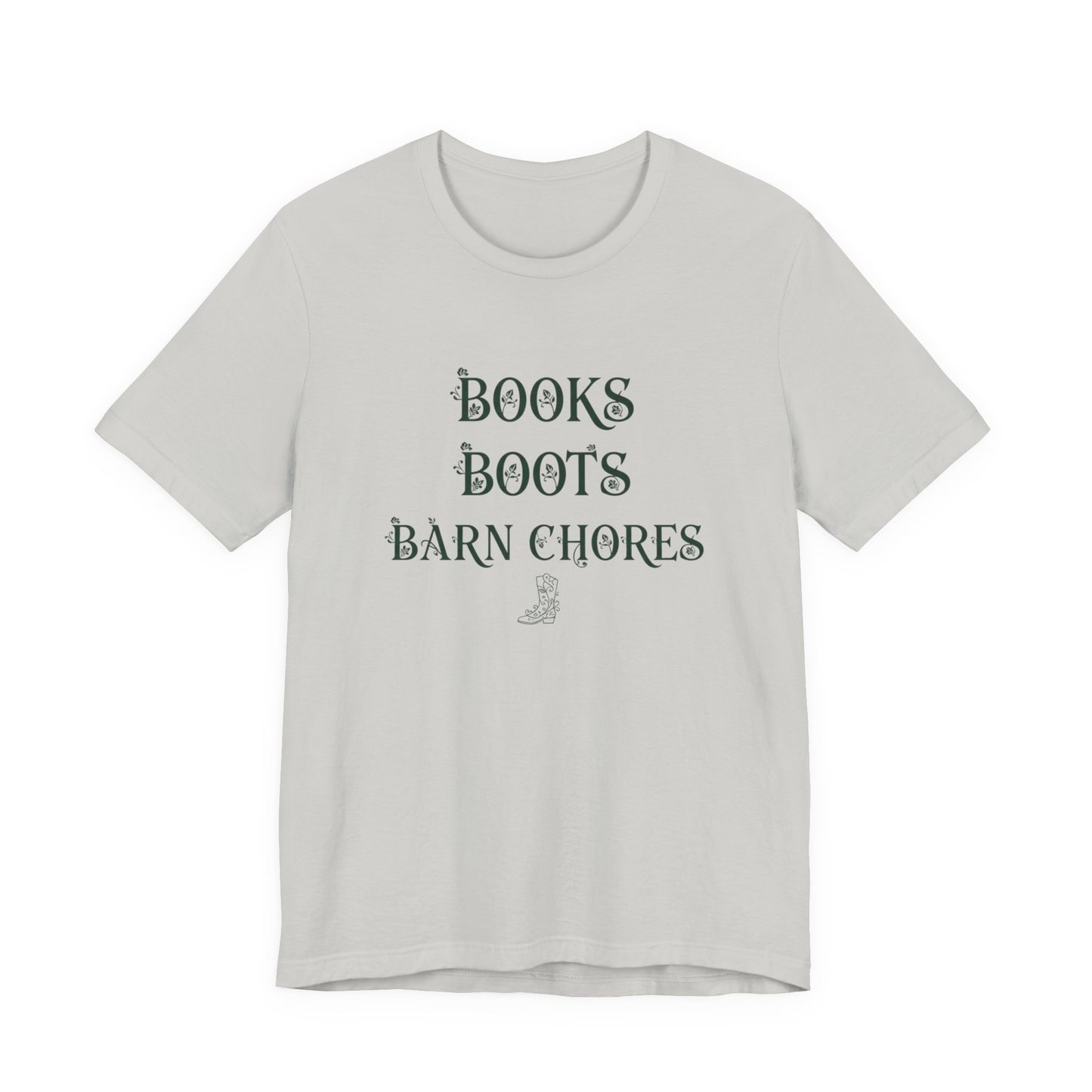 Books Boots Barn Chores Tee — Rustic Farm Life Graphic Shirt