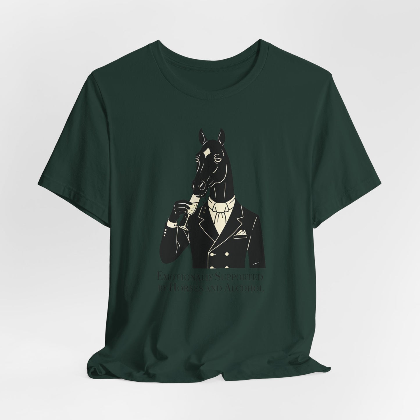Horsehead Gentleman Tee — "Emotionally Supported by Horses and Alcohol" Graphic T-Shirt