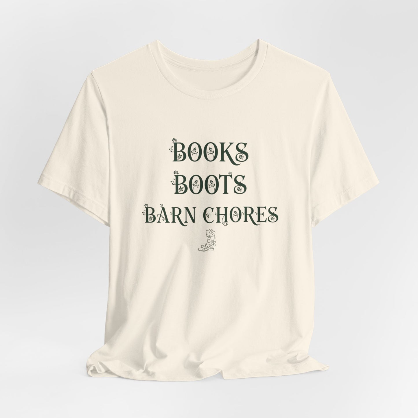 Books Boots Barn Chores Tee — Rustic Farm Life Graphic Shirt