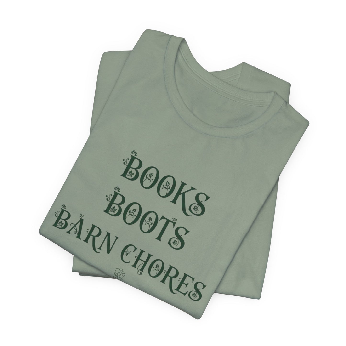 Books Boots Barn Chores Tee — Rustic Farm Life Graphic Shirt